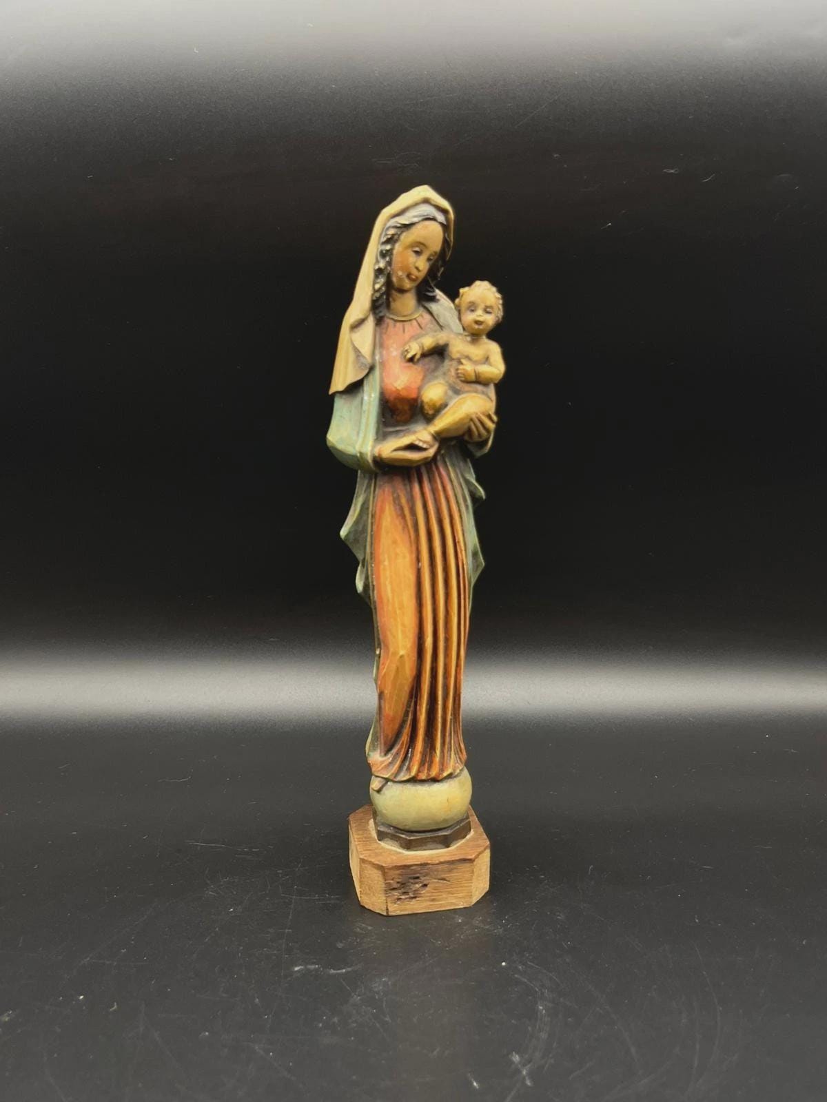 Antique Madonna & Child Statue - Hand Painted Wooden Base - French ...