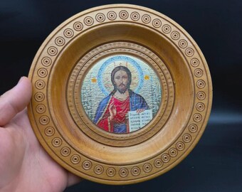 Wooden Jesus Christ Pantocrator Orthodox Icon Wall Plate Christian Religious Decor