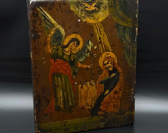 Antique Hand Painted Orthodox Icon of the Annunciation on Wood Greek Icon 18th - 19th