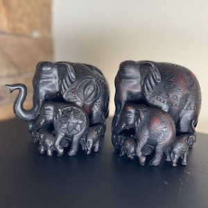 2 Statue of Elephant Family Handmade Sculpture Rare Vintage Animal Collection