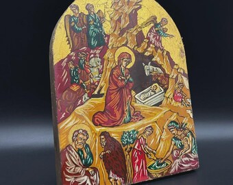 Vintage Hand-Painted Greek Orthodox Nativity Icon on Wood Panel