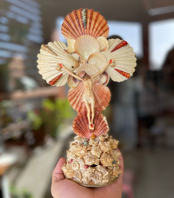 French Jesus Cross Seashell Handmade Vintage Figurine Patience