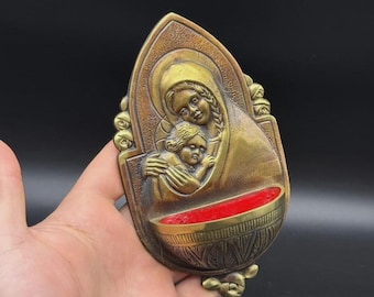Vintage Madonna & Child Holy Water Font Bronze Wall Plaque Religious Decor 1958