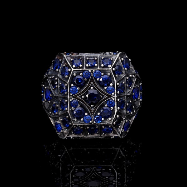 Bague de style ottoman avec zircon bleu, bague en argent pour homme, bague pour homme faite main, bague en argent 925 carats pour homme, cadeau pour homme, soldes de Noël