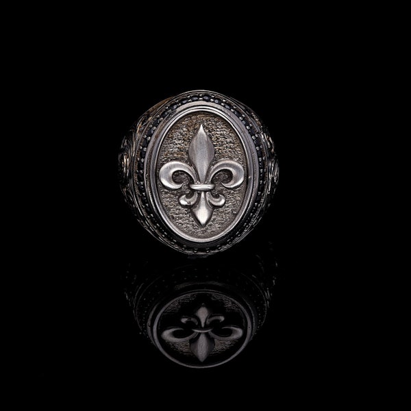 Fleur De Lis Sterling Silver Ring, Fleur De Lys Champagne Stone Ring, Fleur de Lys Ring Men, Unique Style Ring, Gift for Men