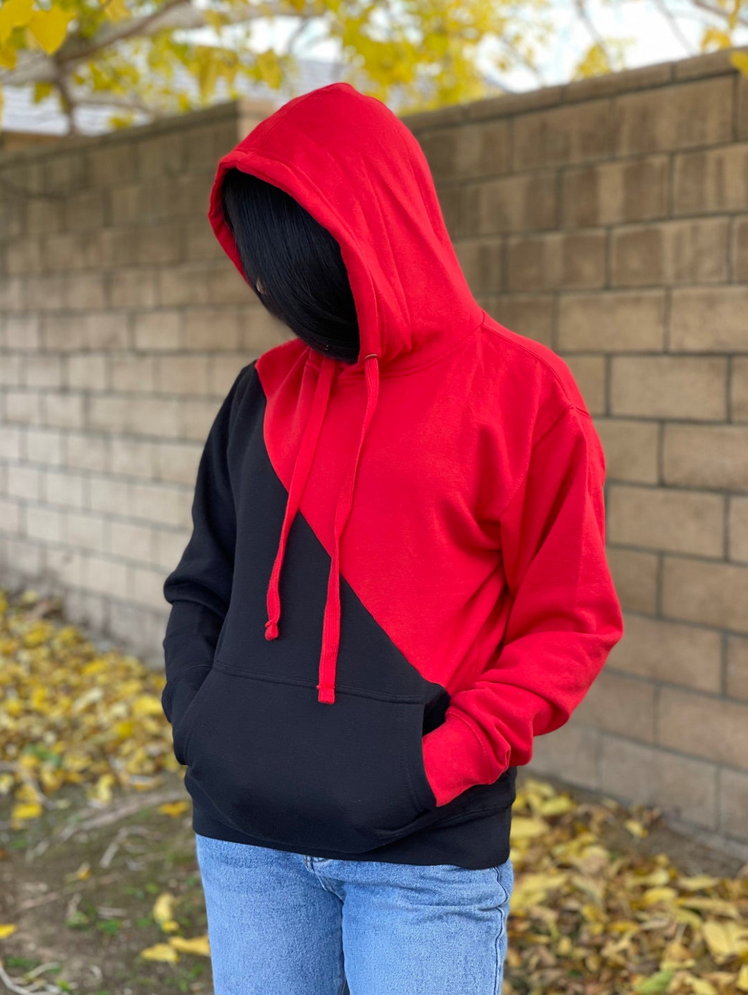 Diagonal Uniquely Split Hoodie Black/red Red/black Two Color 