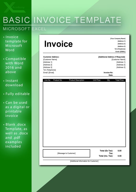 microsoft excel invoice template invoice template basic etsy