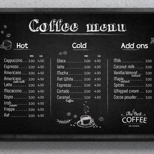 Modelo de menu de café, menu de bebidas, menu de café, download instantâneo, desenhado à mão, menu Restaurante, menu Blackboard