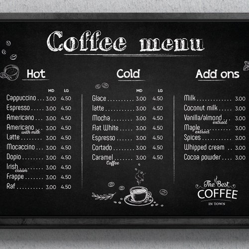 Coffee Menu Template Drinks Menu Cafe Menu Instant Etsy