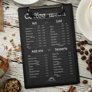 Modelo de menu de café, menu de bebidas, menu de café, download instantâneo, desenhado à mão, menu Restaurante, menu Blackboard