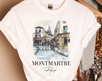 Camiseta de Montmartre París, viaje a París, camiseta de Francia, camiseta de París, camiseta de viaje de cuello redondo, camiseta de Francia, camiseta de la Torre Eiffel, recuerdo francés