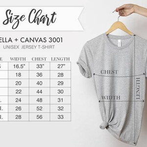 May include: Size chart for Bella + Canvas 3001 unisex jersey t-shirt. The chart shows measurements in inches for width, chest, and length for sizes XS to 3XL.