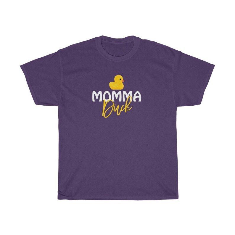 May include: Purple t-shirt featuring a yellow rubber duck and the text "Momma Duck" in white and yellow lettering.