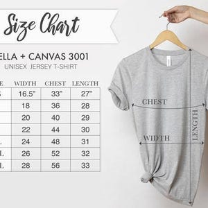Pode incluir: Tabela de tamanhos para camiseta de jersey unissex Bella + Canvas 3001. A tabela mostra as medidas em polegadas para largura, peito e comprimento para os tamanhos XS a 3XL.