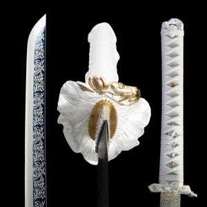 Lotus Leaf & Frog Katana - Handcrafted White Japanese Samurai Sword, Elegant Collectible Display Blade