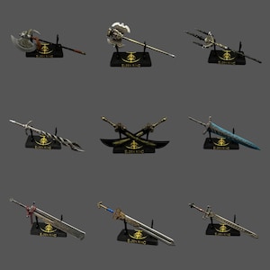 May include: A collection of nine miniature metal weapon replicas from Elden Ring, including various swords, axes, and spears. Each weapon is mounted on a black display stand featuring the gold Elden Ring logo and text on the base.