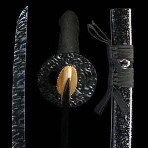 May include: A Japanese katana sword with a black handle and scabbard. The blade has a wave pattern design. The guard is black with a gold accent. The scabbard has a speckled design.