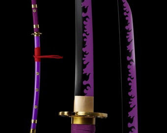 Klassieke Anime Katana Handgesmeed Paars Vlam Patroon Blade Enma Katana Beroemde Swordman Zoro Black Blade Voor Collectie