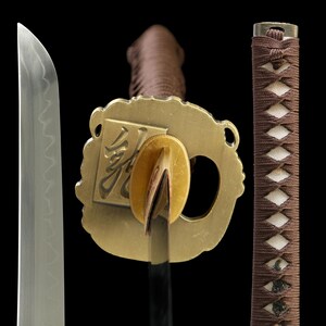 Handmade Japanese Katana Sword, T10 Clay Tempered Blade, Calligraphy Tsuba, Glossy Brown Saya, Full Tang High Carbon Steel Samurai Sword