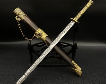 Hand-Forged Tang Hengdao Miniature Sword: Steel Replica with Wooden Sheath
