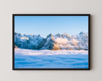 Alps Mountain Wall Art, Chamonix Mont Blanc Photography Print, Blue Tones Landscape Decor