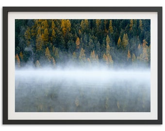 Photography Print of a misty morning around the lake, Nature of St-Moritz Switzerland in Autumn, Wall Decor of the Mountains