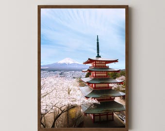 Mount Fuji Pagoda Print, Calm Japanese Wall Art for Japandi Interiors