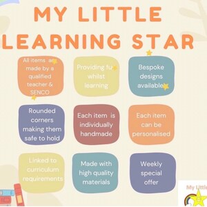 May include: A colorful infographic with the text "My Little Learning Star" at the top. The infographic highlights the features of a learning resource, such as being made by a qualified teacher, providing fun while learning, and being bespoke and personalized.