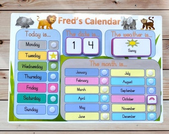 Personalised interactive learning calendar, safari jungle theme, day, date, month, weather