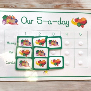 May include: A white board with the text "Our 5-a-day" and a colourful fruit and vegetable illustration. The board is divided into a grid with numbers 1 through 5 at the top and names "Mummy", "Mat", and "Cerella" on the left side. There are colourful fruit and vegetable illustrations in each square.