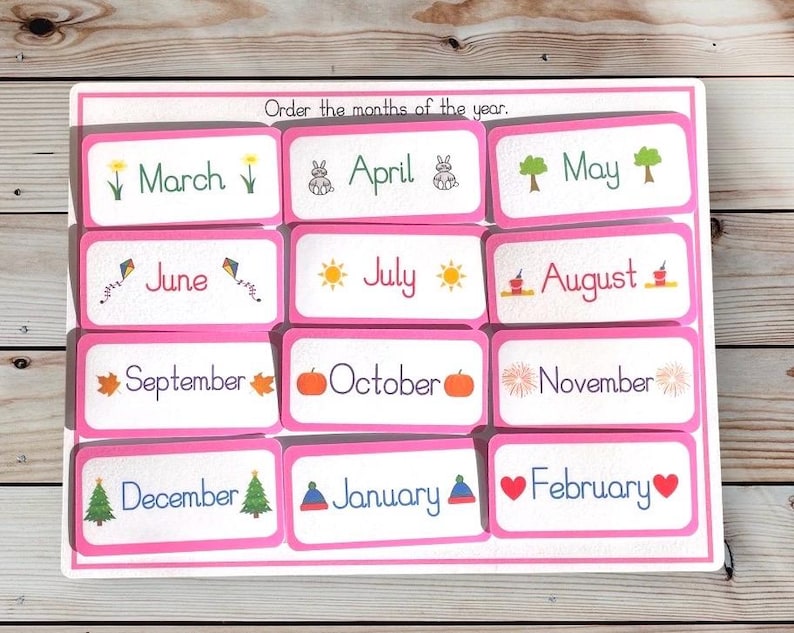 May include: A pink and white educational chart with the months of the year, each month has a small illustration representing the season. The text reads "Order the months of the year."