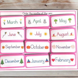 May include: A pink and white educational chart with the months of the year, each month has a small illustration representing the season. The text reads "Order the months of the year."