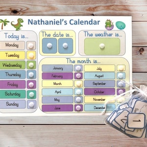 Personalised interactive calendar, dinosaur theme, day, date, months of the year, weather, educational learning resource