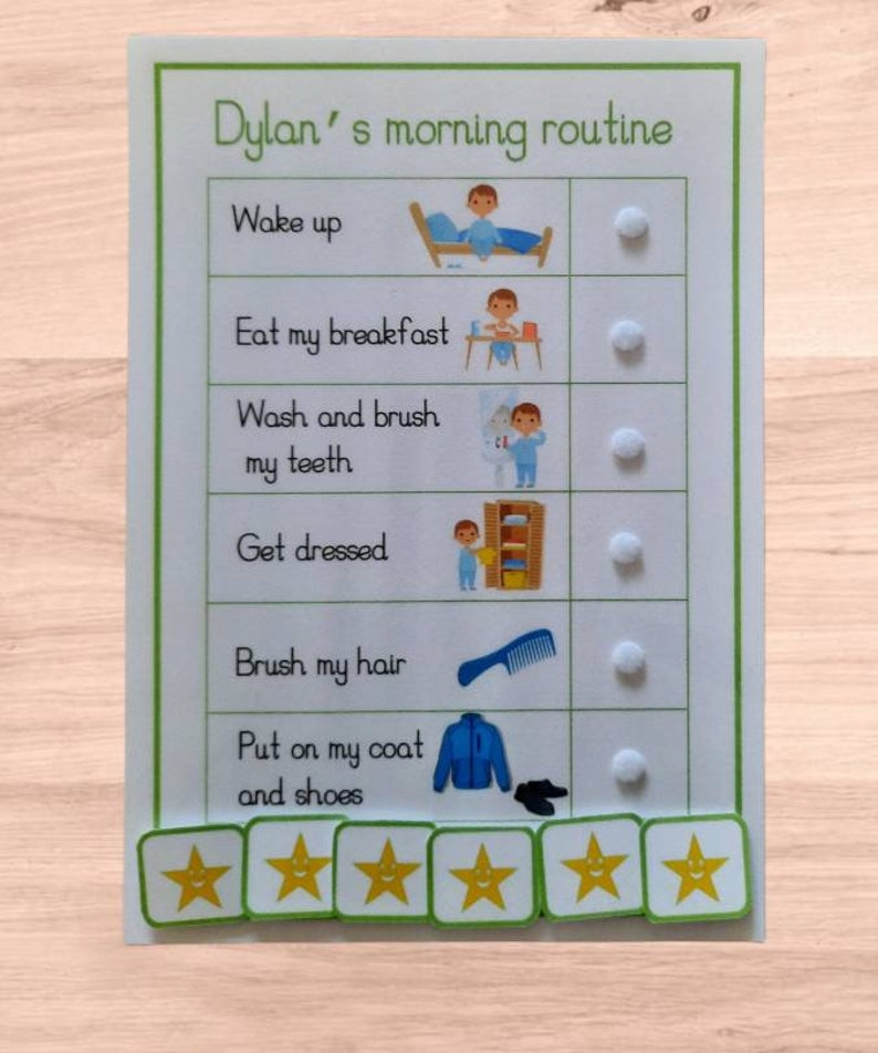 May include: A white laminated chart with a green border, titled "Dylan's morning routine." It features illustrated steps like "Wake up," "Eat my breakfast," and "Brush my hair." Each step has a corresponding image and a space for a checkmark. At the bottom are five star-shaped reward boxes.