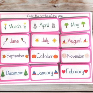 May include: A pink and white educational chart with the months of the year, each month has a small illustration representing the season. The text reads "Order the months of the year."
