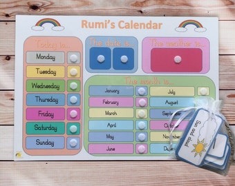Personalised interactive calendar, day, date, month, weather, educational learning resource