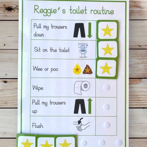 May include: A green and white chart with the title "Reggie's toilet routine". The chart has a list of steps for using the toilet, with corresponding pictures and stickers. The steps include pulling down trousers, sitting on the toilet, wiping, pulling up trousers, and flushing. There are also stickers of stars and white dots.