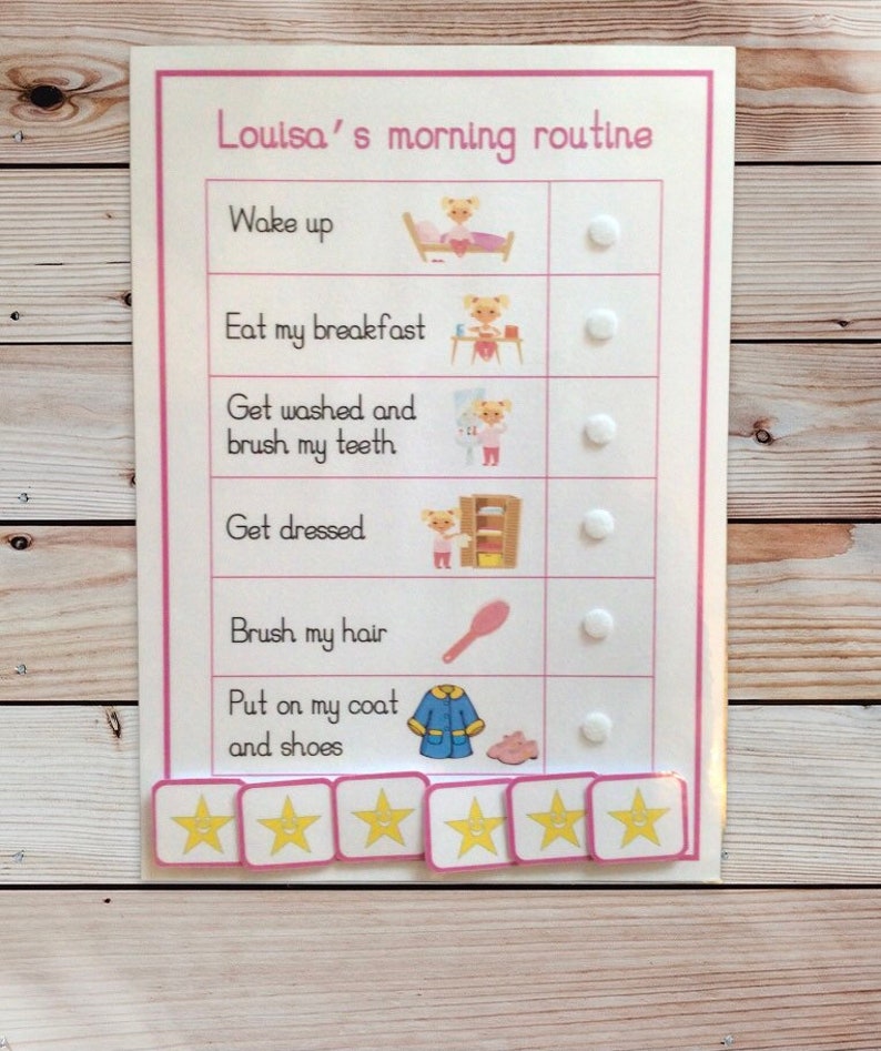 May include: A pink and white morning routine chart with the text "Louisa's morning routine." The chart includes illustrations of a bear performing morning activities, such as waking up, eating breakfast, and brushing teeth. Includes star stickers.