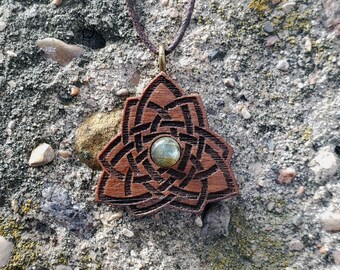 Wood necklace - Laser engraved walnut with Labradorite stone.