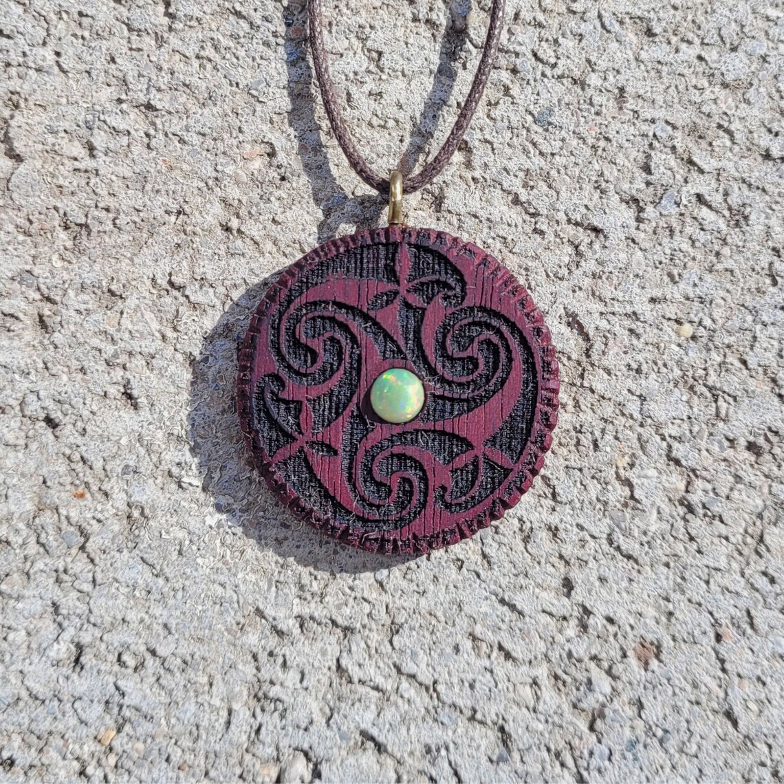 Wood necklace Laser engraved purple heart with Welo Opal Etsy