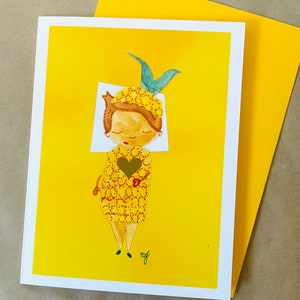 May include: A watercolor illustration of a person with a pineapple head wearing a blue bird hat and a brown heart on their chest. The background is yellow.