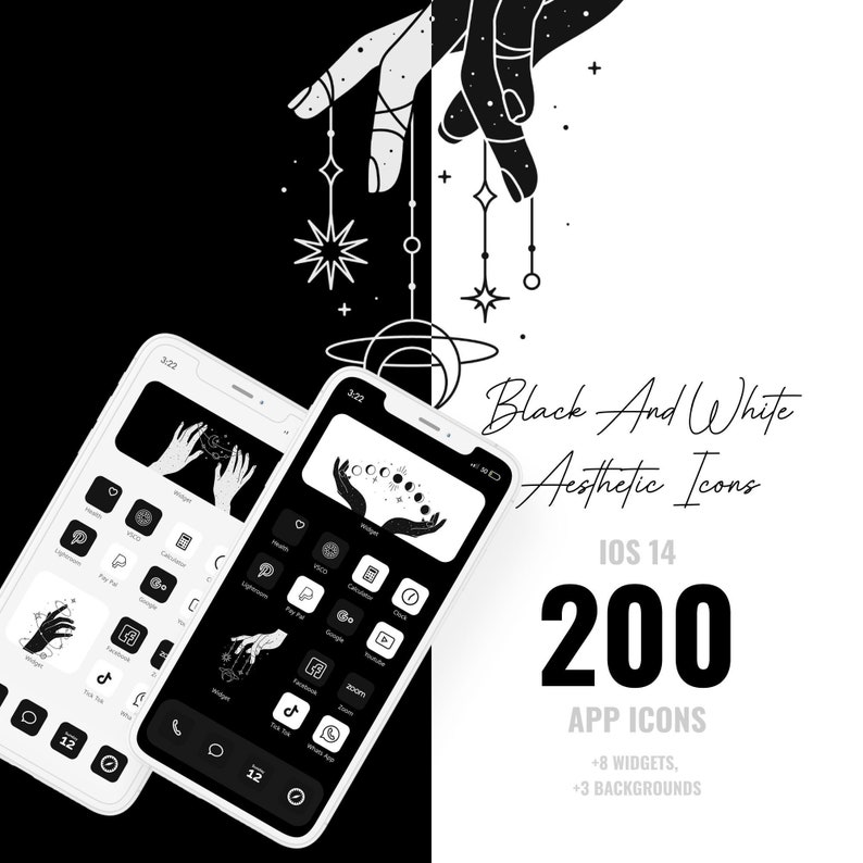 IOS 14 AESTHETIC ICONS App Black and White Magic Hands Pack Etsy