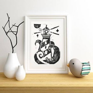 Linogravure phare vagues marin A5 Affiche murale Décoration Illustration Impression encre gravure papier marine