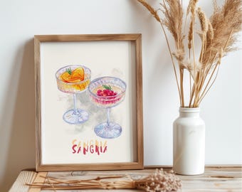 Summer Sangria Wall Art – Pink and Orange Printable Cocktail Decor, Digital Drink Art, Tropical Kitchen Bar Printable