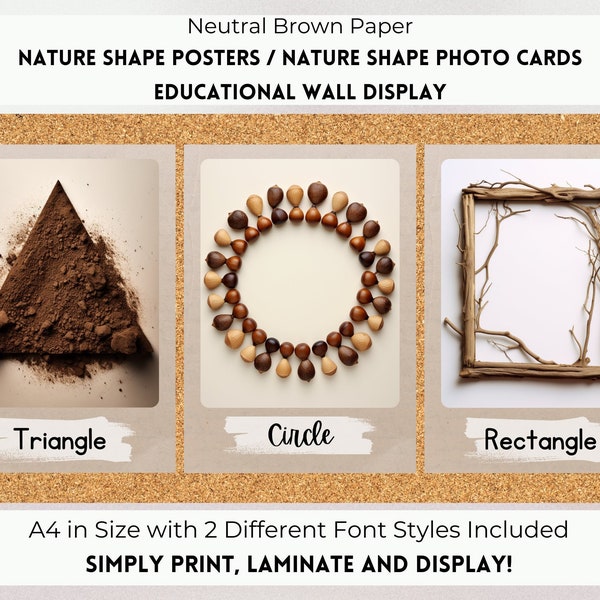 Nature Shape Posters, Nature Shape Photo Cards, 2D Shape Mathematics Posters, Brown Paper Neutral Decor, Loose Part Shapes, Nature Classroom