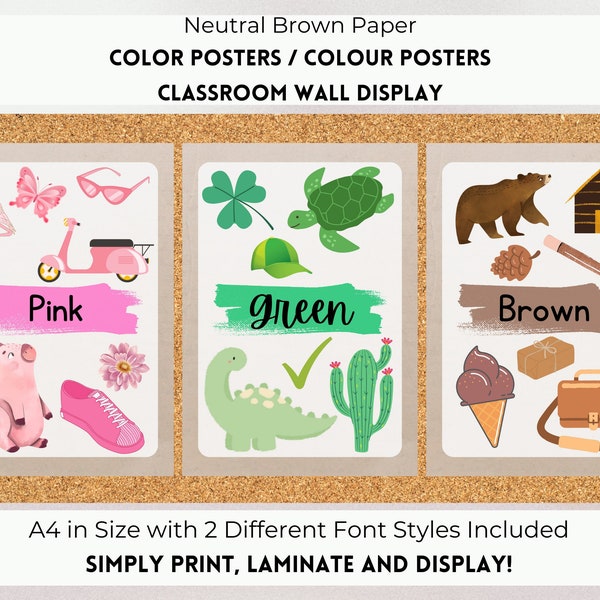 Color Chart Poster, Classroom Colour Posters, Color Display Posters, Brown Paper Neutral Decor, EYFS Preschool Kindergarten Classroom Decor.