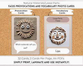 Loose Parts All About Me Faces Provocations & Vocabulary Photo Cards, Reggio Inspired, Montessori Inspired, Natural Materials, Nature Class.