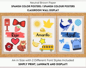 Spanish Color Chart Poster, Spanish Classroom Color Posters, Spanish Classroom Decor, Brown Paper Neutral Decor, Spanish Educational Poster.