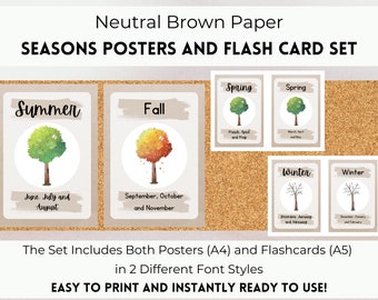 Seasons Flash Cards & Poster Set, Seasons Chart, Seasons Display Posters, Neutral Décor, EYFS Preschool Kindergarten Classroom Décor Display