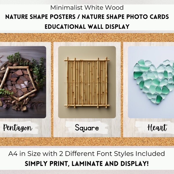 Nature Shape Posters, Nature Shape Photo Cards, 2D Shape Nature Flashcards, Minimalist White Wood Decor, Reggio Inspired, Curiosity Approach